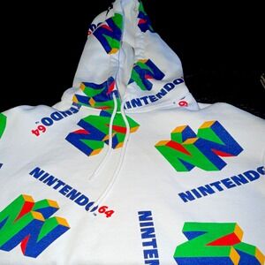 Nintendo 64 White All-Over Graphic Logo Print Pullover Fleece Hoodie Size S